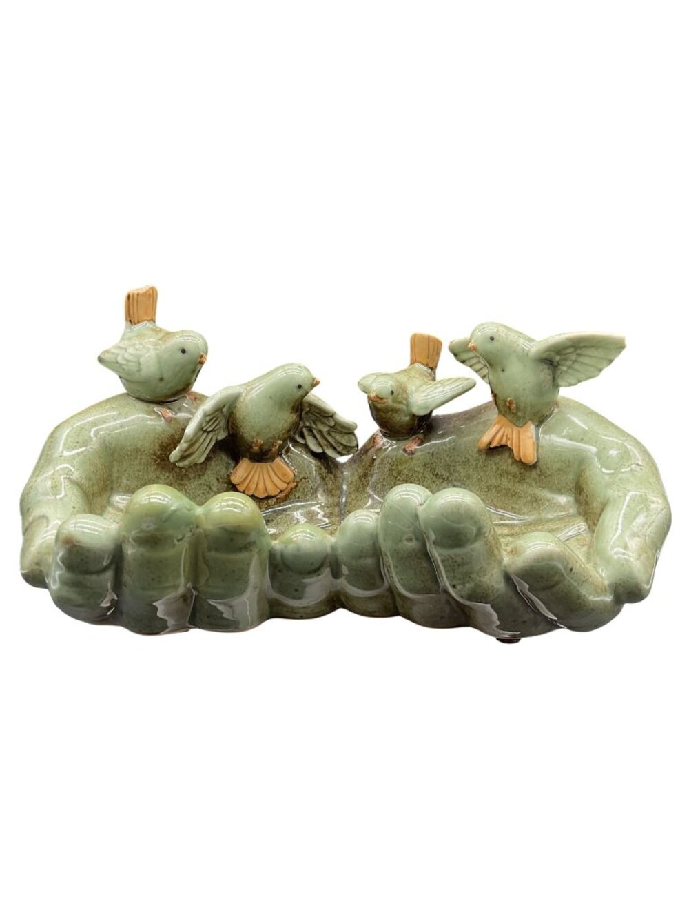 Vtg Art Pottery Ceramic Bird Feeder Sculpture Trinket Dish With Birds On Hands